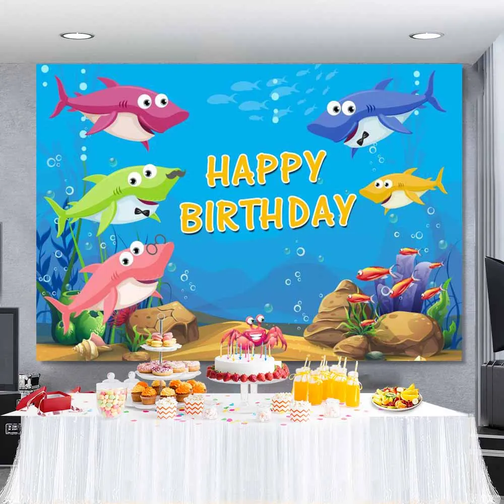 Laeacco Shark Birthday Backdrops For Photography Baby Cartoon Fish Shell Bubble Party Portrait Photo Backgrounds Photo Studio