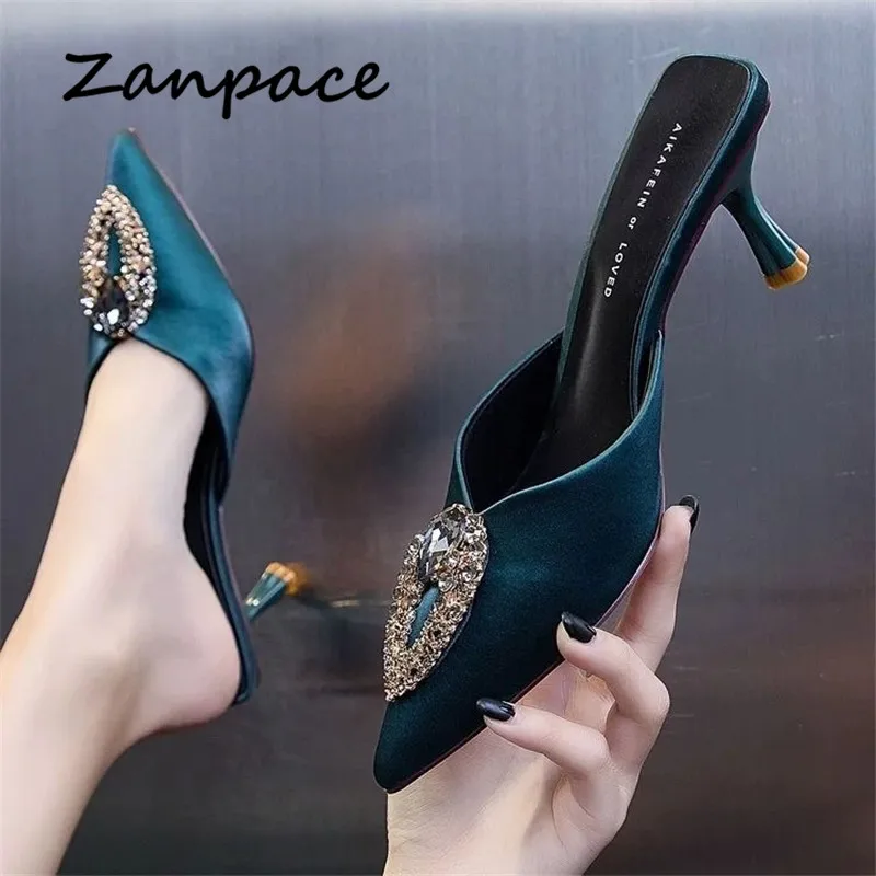 2021 Fashion Slippers Women Sandals Indoor High Heels Slip on Shoes Summer Thin Heeled Women Shoes Pointed Top Woman Slides