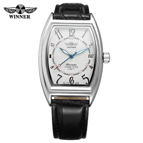 Imagen 2 del producto T-WINNER-reloj mecánico automático para hombre, cronógrafo con esfera rectangular blanca, caja plateada, correa de cuero negra, informal, sencillo, a la moda