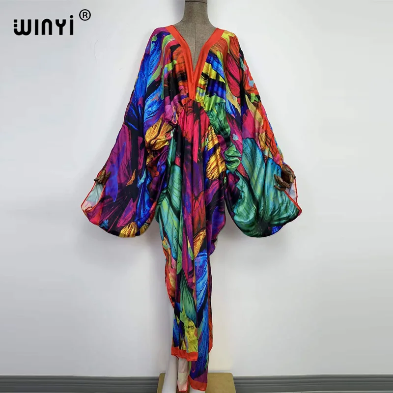 Sexy bech high-quality hand-rolled feel silk rayon fashion print 2021 WINYI Maxi women\'s robes long beach V-neck Bohemian dress