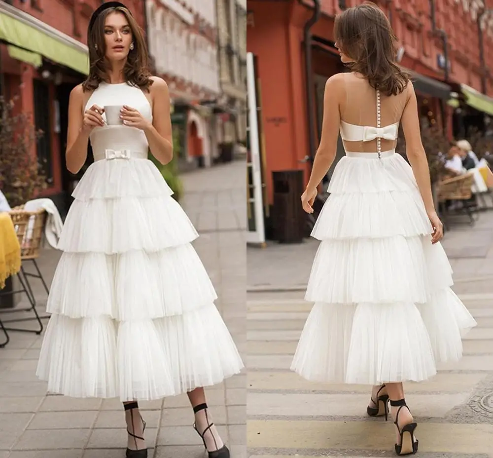 

2021 White Illusion Princess Evening Dresses Formal Dress robe de soiree Tutu Tiered Tulle Prom Party Gown vestidos de noiva