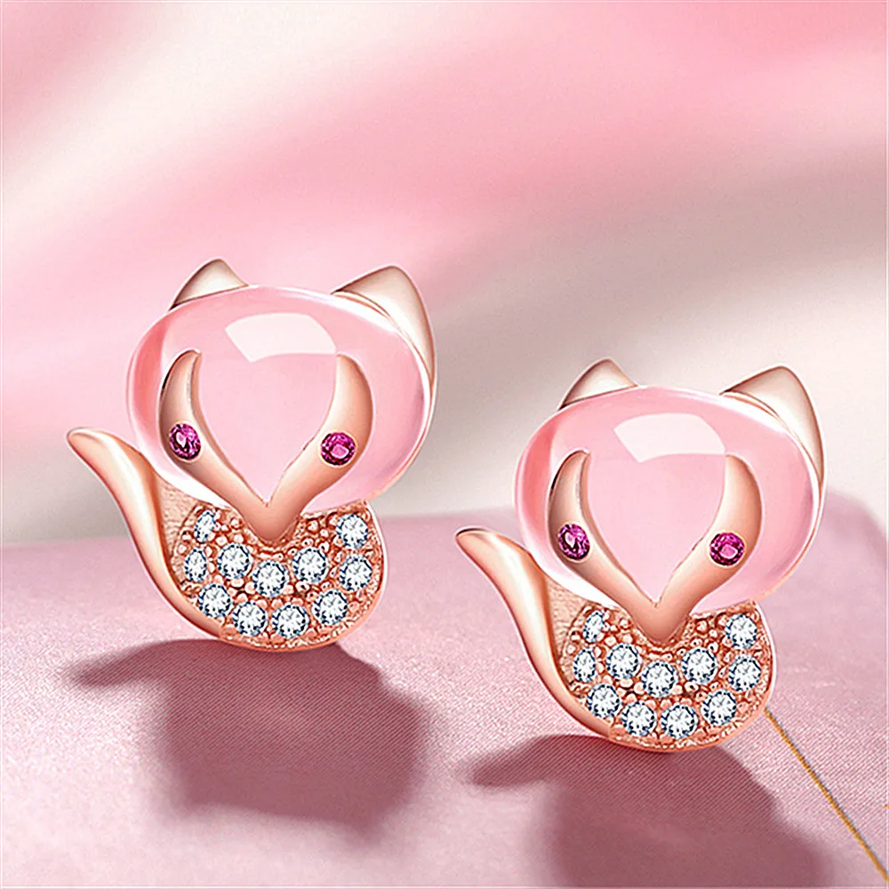 Cute fox pink crystal zircon diamonds gemstones stud earrings for women rose gold color jewelry bijoux brincos fashion accessory