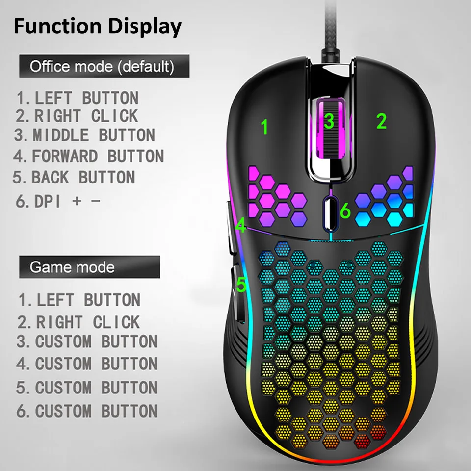 Lightweight RGB Gaming Mouse 7200DPI Honeycomb Shell Mouse Ergonomic Mice with Ultra Weave Cable for Computer Gamer PC Desktop