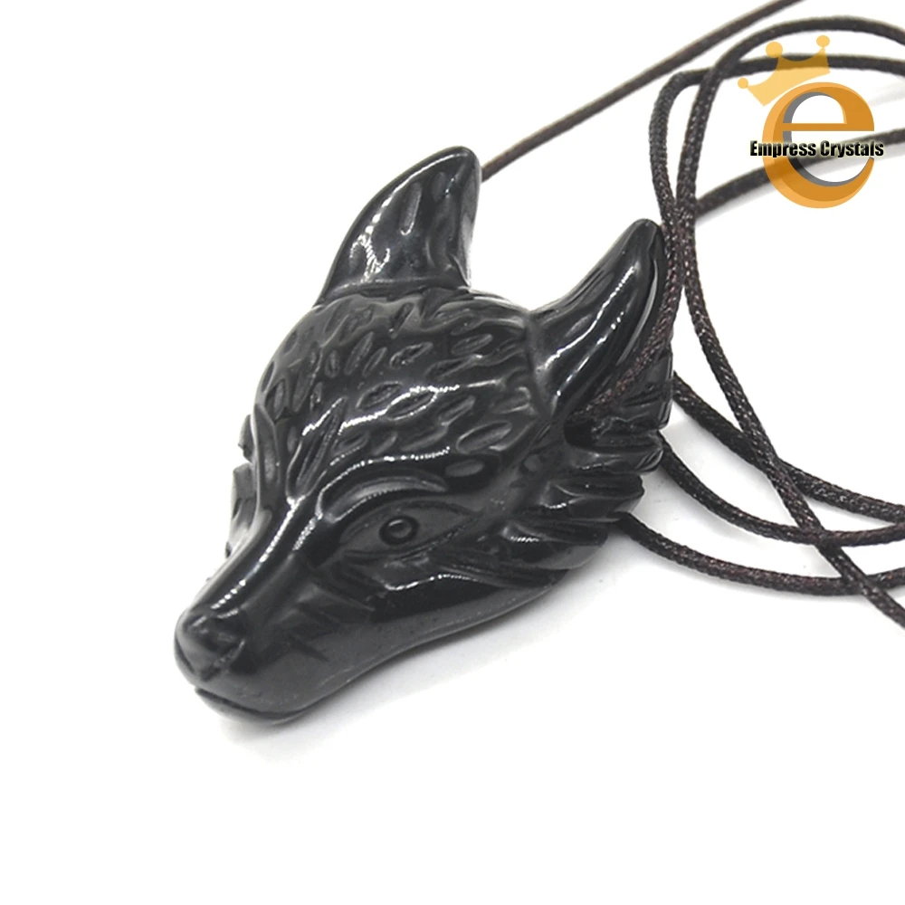 1PC Wolf Head Pendant Natural Gemstone Black Obsidian Healing Crystal Necklace Animal Fashion Men Gifts Jewelry