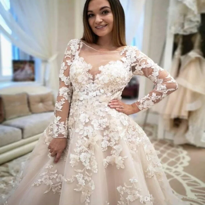 JIERUIZE Lace Appliques Luxury Wedding Dresses Ball Gown Long Sleeves Buttons Back Beach Bridal Gowns