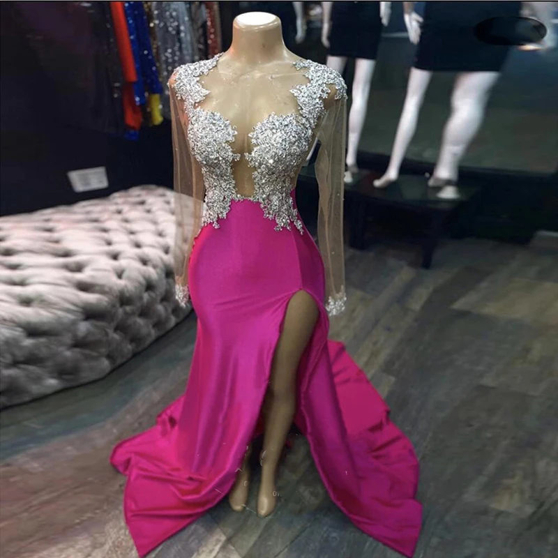 Fuchsia Avondjurken O-hals Zilveren Applicaties Lace Kralen Lange Mouwen Side Split Mermaid Prom Dresses Formele Partij Jassen 2022