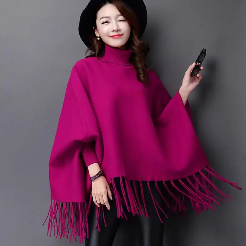 Turtleneck Cloak Sweater New Fashion Solid Knitting Poncho Batwing Sleeve Swing Tassel Hem Wrap Sweater Female