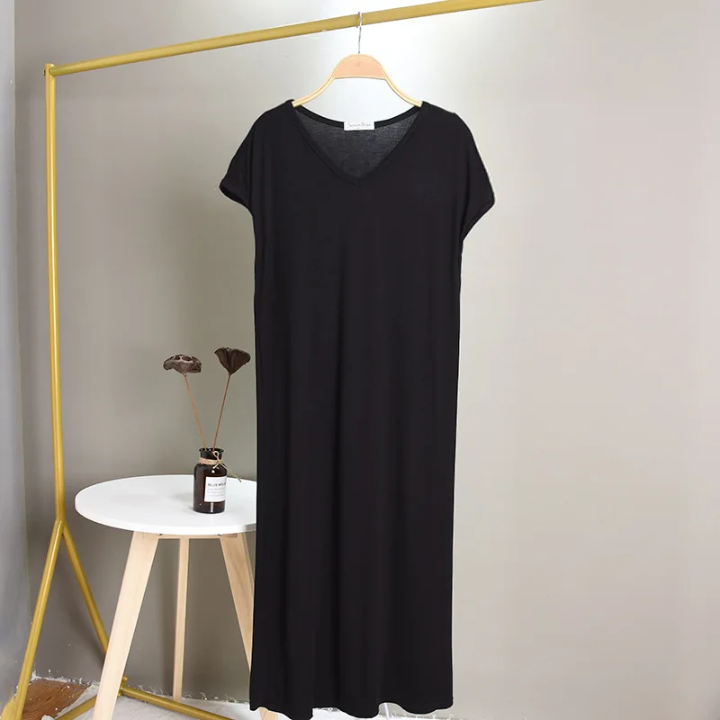 Large Size Modal Base Night Dress Women Sexy V Neck Sleepwear Comfortable Nightgowns Loose Long Nightshirt Vestidos Mujer