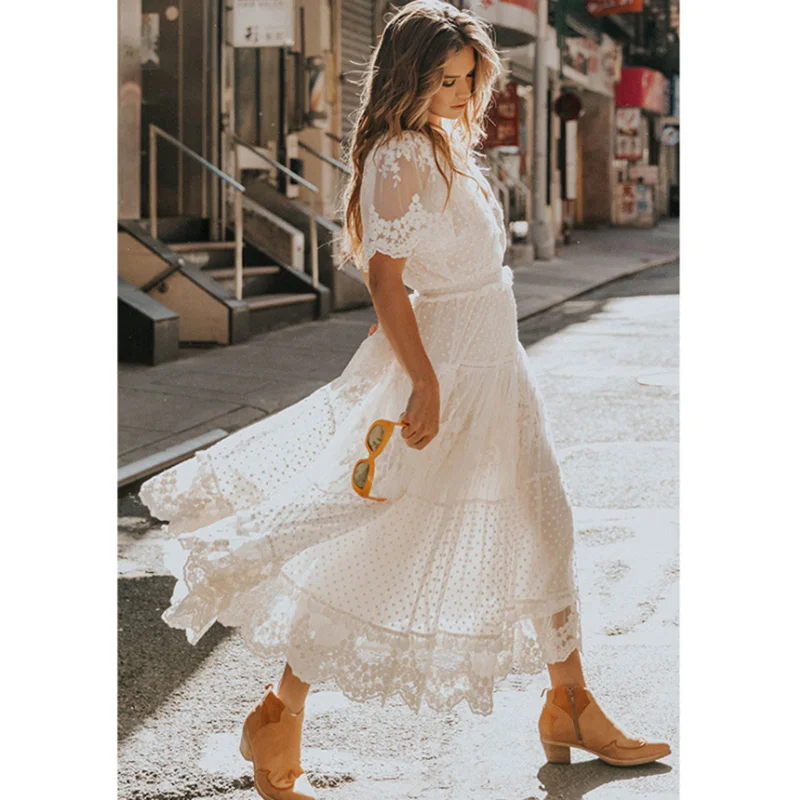 Elegant Hollow Long Women Dress Summer Lace White Evening Dress Female V-Neck Short Sleeve Dress Semi-Sheer Casual Tunic Dress