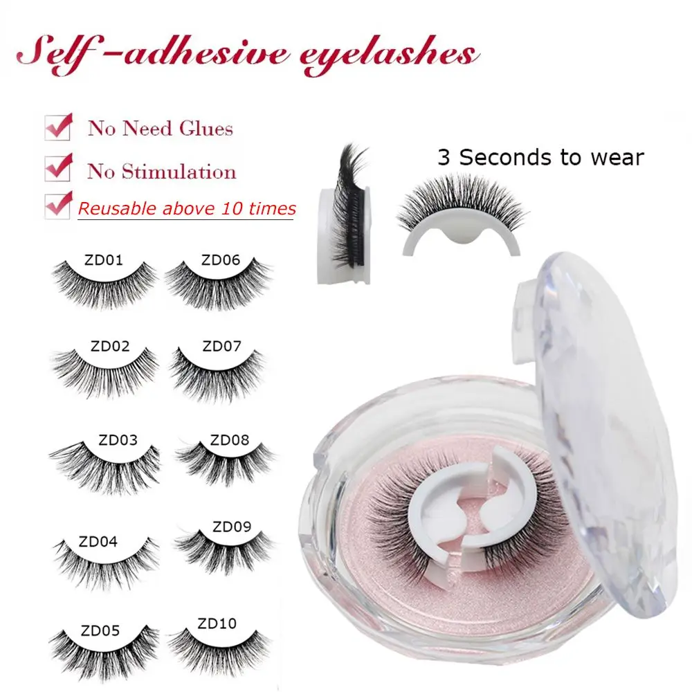 1Pair Self-adhesive False Eyelashes 3 Seconds to Wear No Glue Needed Faux Mink Lashes Extension Curly Thick Wispy Eyelash Makeup