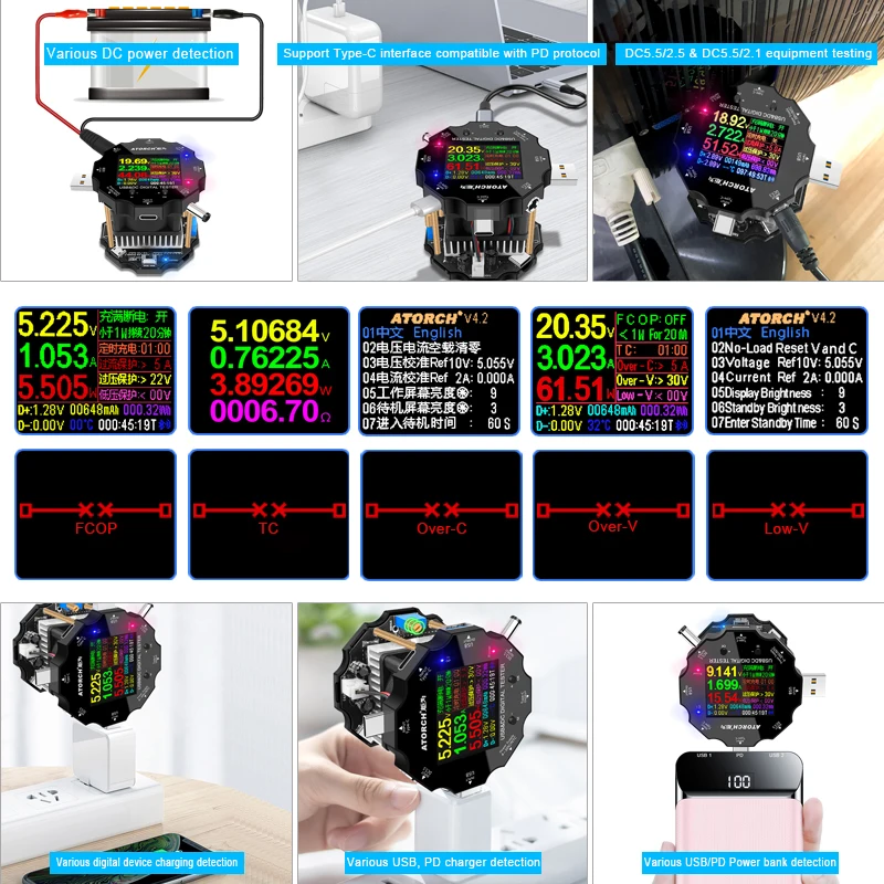 Color APP battery tester electronic load 18650 capacity monitor indicator discharge charge usb meter DC 12v power supply checker