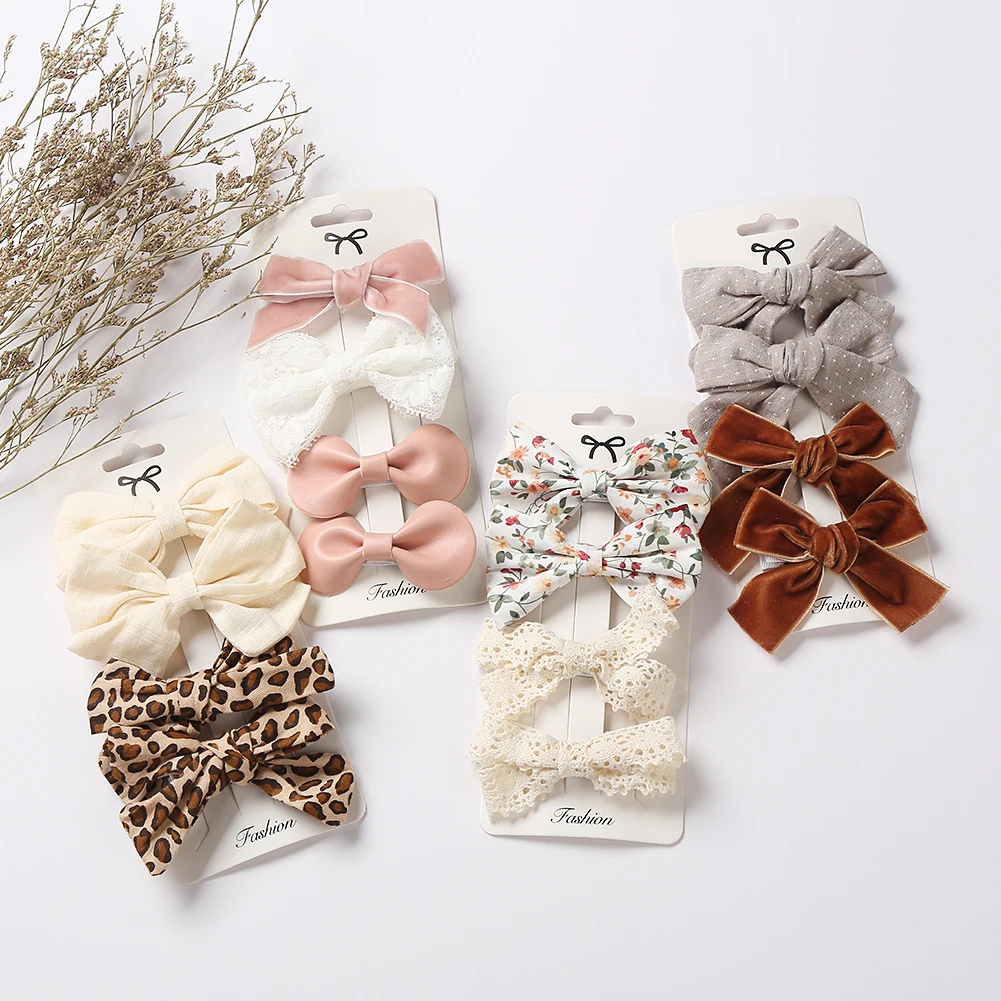 4pcs baby girls hair bow clips — leopard dot print bowknots with lace & cotton linen barrettes 5