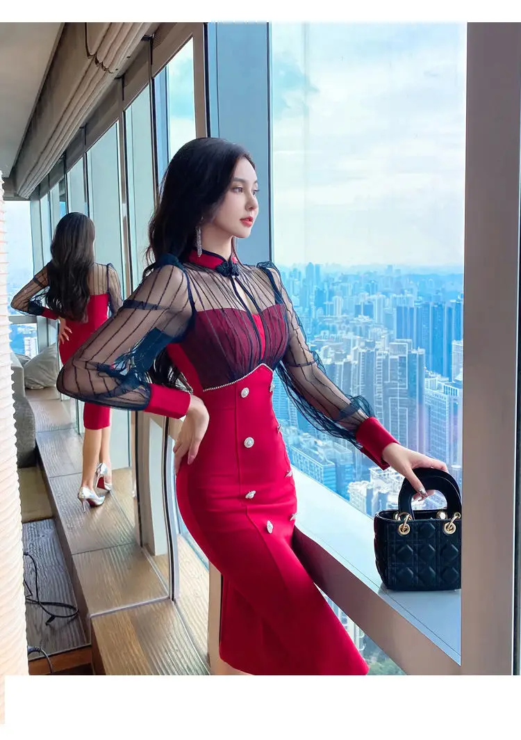 Autumn 2021 new female net yarn hollow stitching red dress ladies temperament double-breasted hip skirt