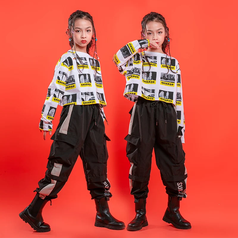 Kids Hip Hop Clothing Graffiti Crop Tops Shirt Streetwear Tactical Cargo Pants for Girls Jazz Dance Costume Rave Clothes