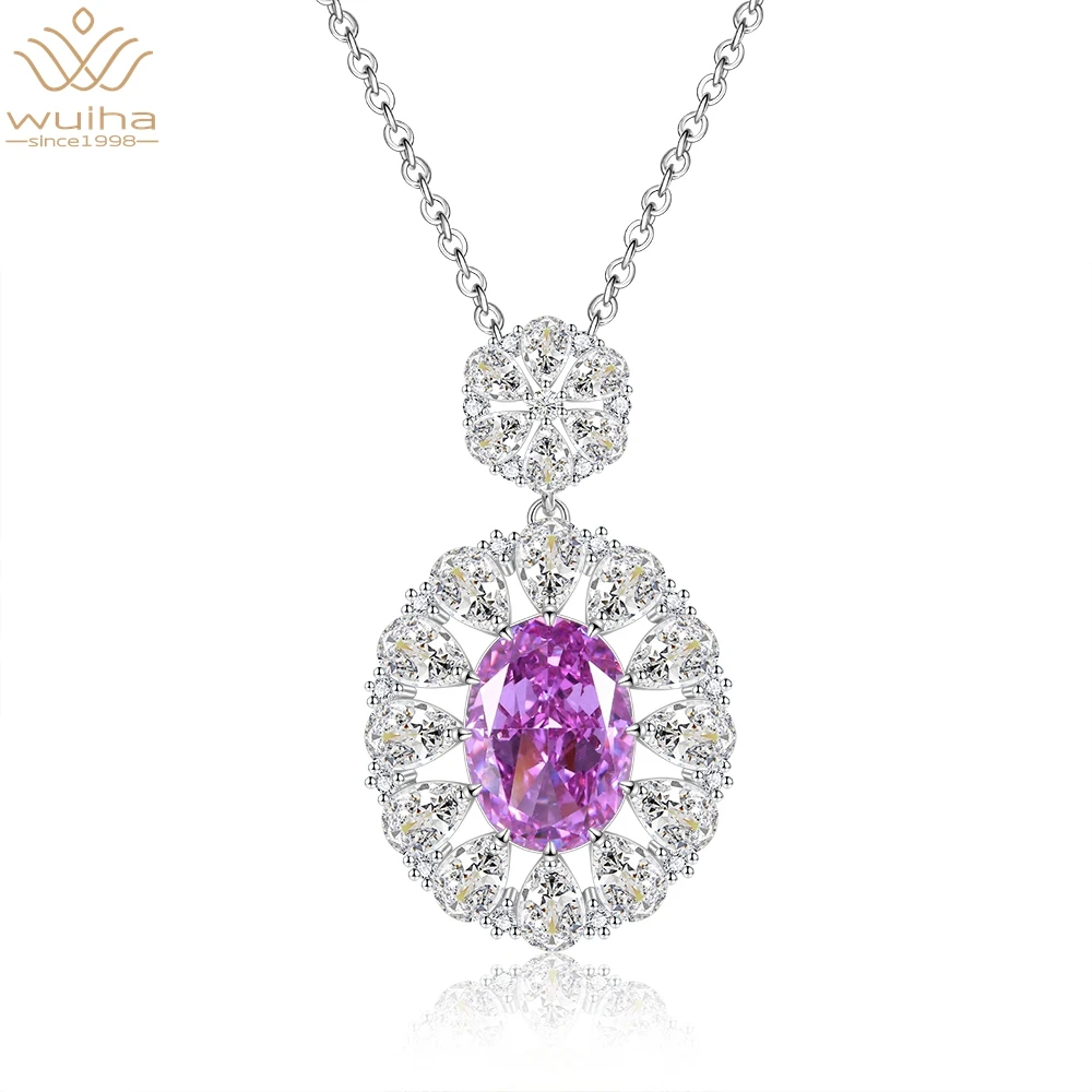 

WUIHA Trendy Solid 925 Sterling Silver Crushed Ice Cut 10*14MM Amethyst Created Moissanite Wedding Pendant Necklace Fine Jewelry