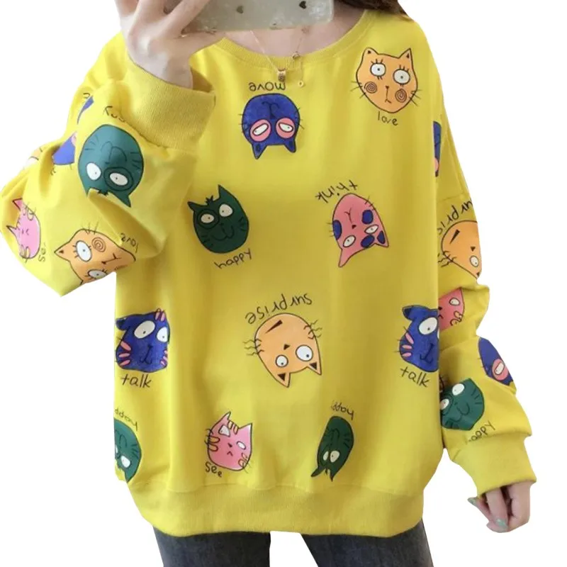 

Spring Autumn Korean Hip Hop Loose Thin Style Women Hoody Sweatshirt Print Harajuku Cute Little Monster Yellow Pullover Female