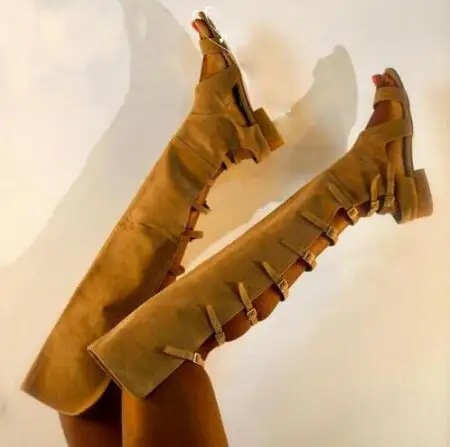 

Summer Camel Suede Over the Knee Boots Sexy Open Toe Back Buckle Strap Gladiator Sandal Boots Cutouts Flat Boots For Woman