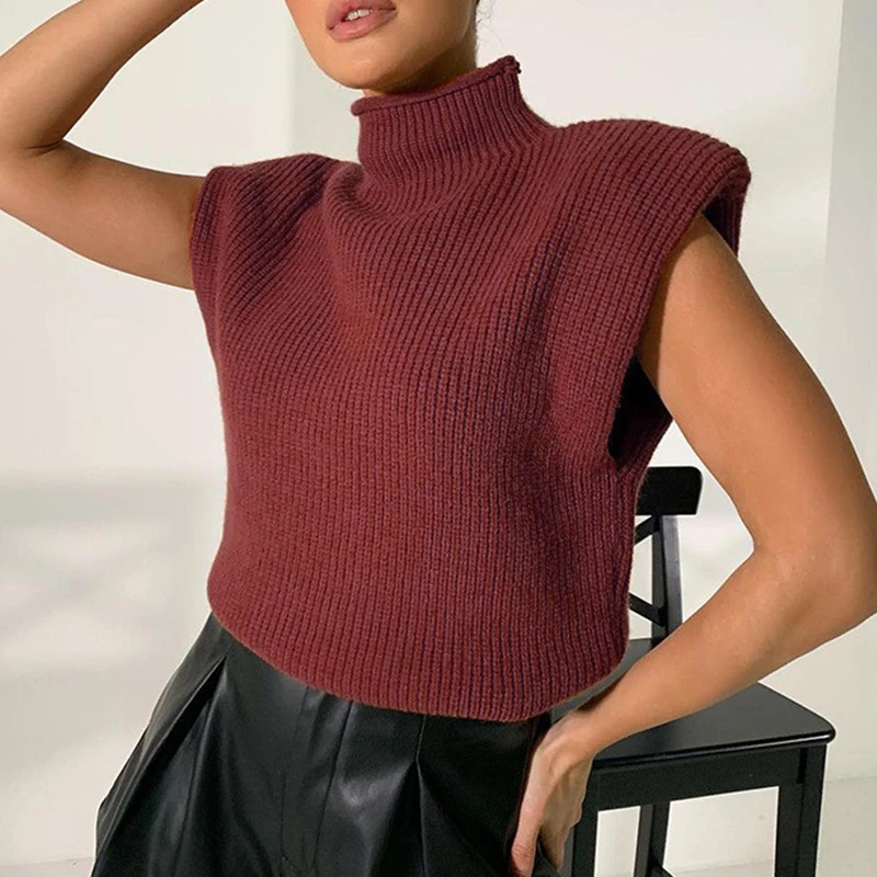 Turtleneck Sleeveless Women Sweater Vest 2024 Wide Shoulder Pullover Knitted Casual Jumper Tops Autumn