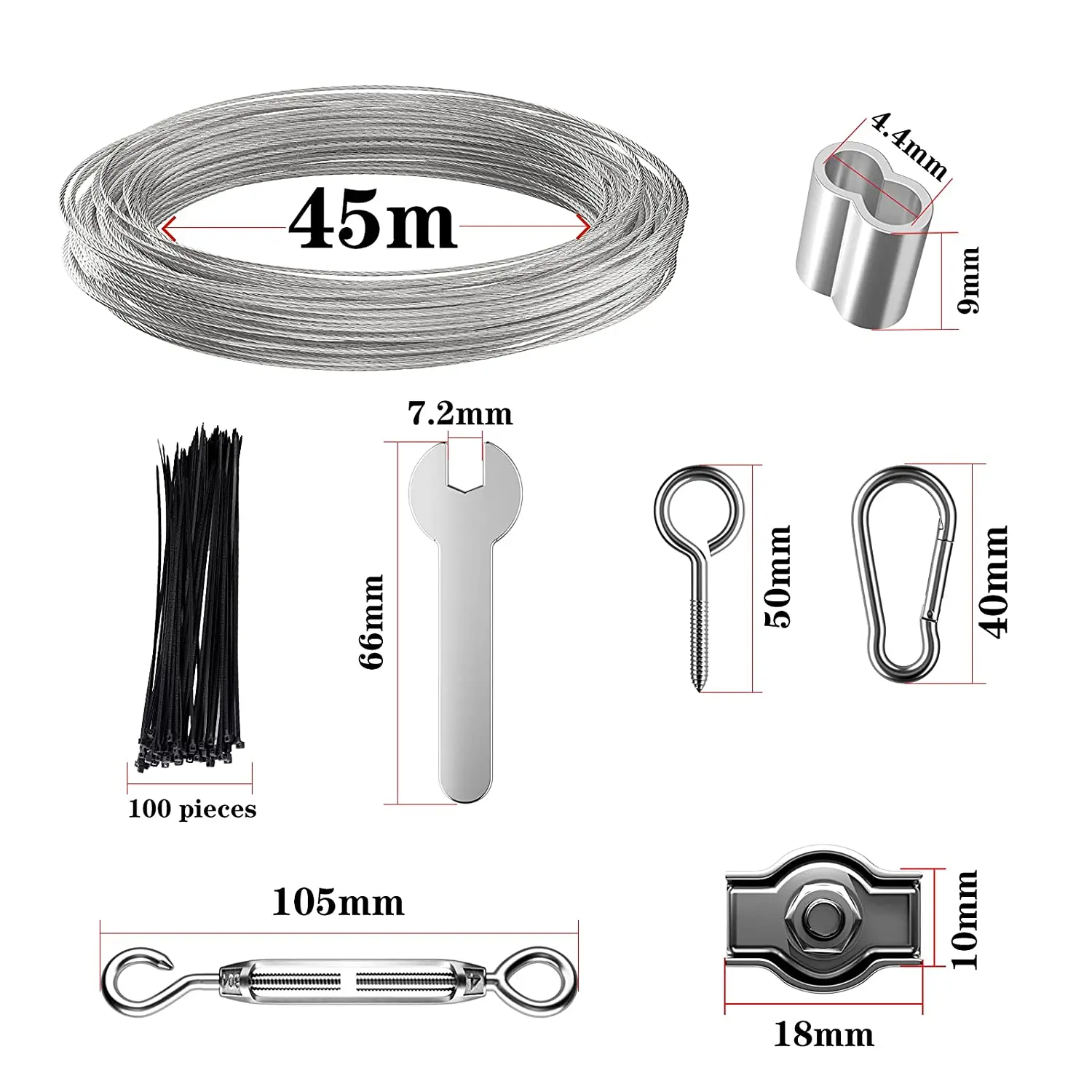 45M 304 Stainless steel rope 2mm kit garden PVC Coated wire rope turnbuckle M4 hook and aluminium crimping loops