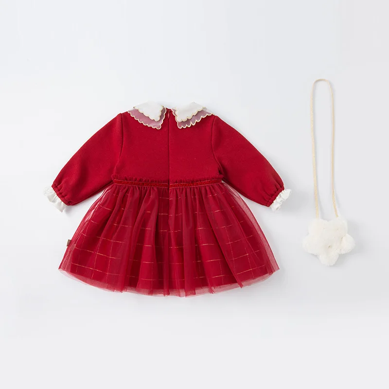 DBM19973 dave bella winter baby girls fashion bow mesh dress with a small bag party dress kids girl infant lolita 2pcs clothes