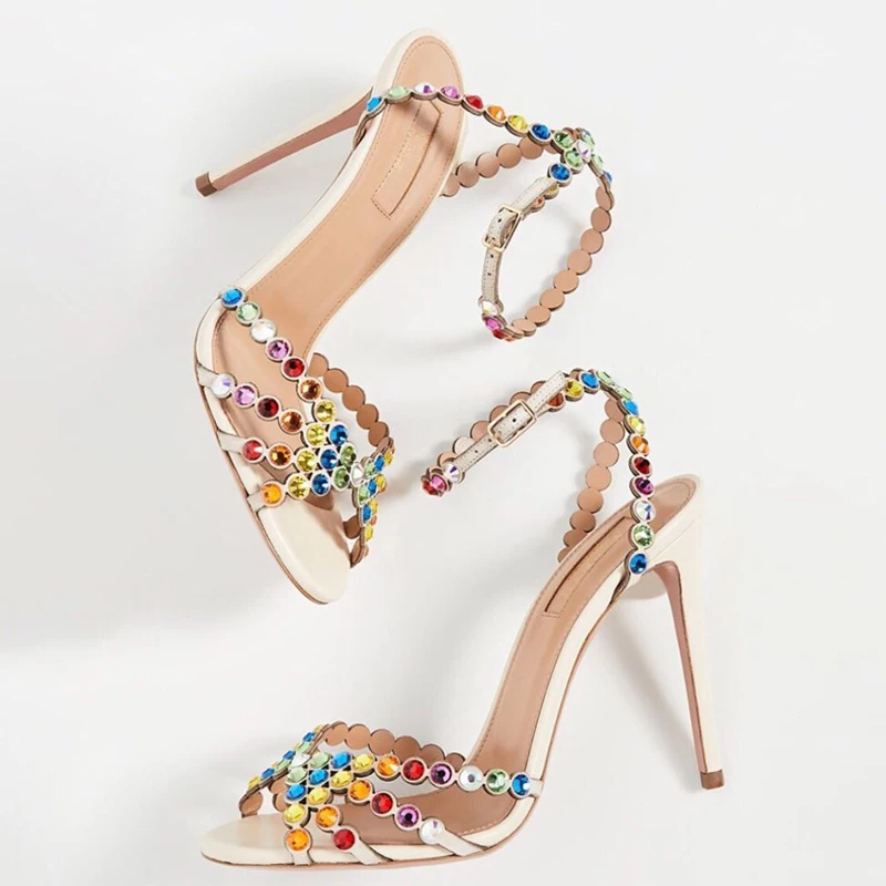 Bling Colorful Rhinestone Straps Sandals High Heel Summer Open Toe Ankle Strap Multi-colors Crystal Thin Heels Woman Dress Shoes