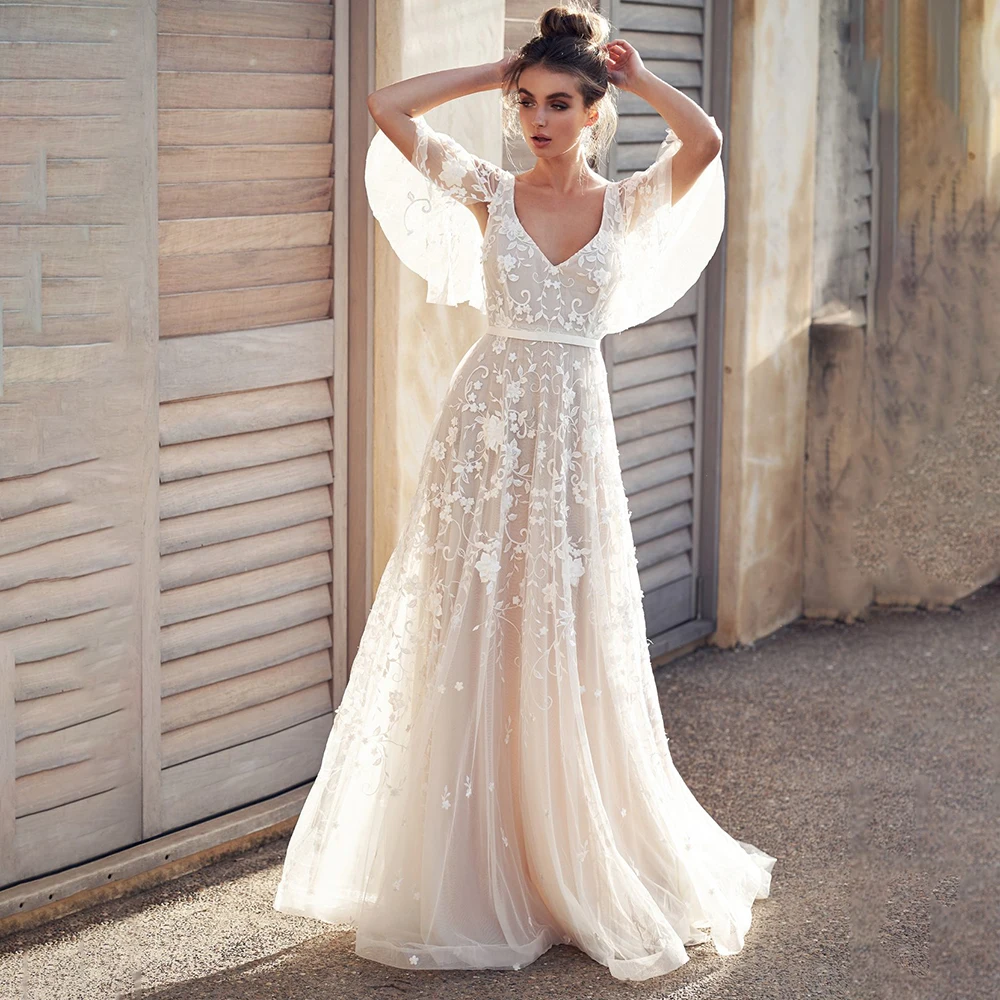 Abito da sposa con scollo A V ricamato floreale principessa Appliques 3D su misura 2022 maniche drappeggiate in Tulle abiti da sposa romantici A Line