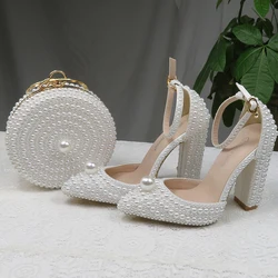 BaoYaFang White Pearl women wedding shoes And Bags Bride High heels shoes ladies party dress shoes woman Sweet Fashion Pumps