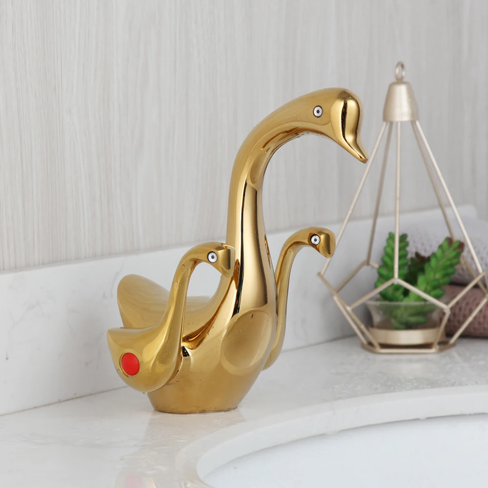 KEMAIDI Brass Artistic Swan Shape Faucet Mixer Deck Mounted Hot and Cold Water Tap Bathroom Cabinet Faucets Dual Handles