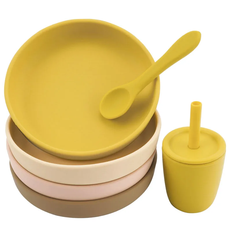 BPA Free Weaning Silicone Feeding Dining Appliance Sucker Dishes Plate For Food Training Spoon Straw Cup Children\'s Tableware