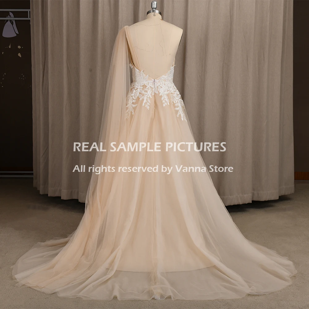 Sexy One Shoulder Pleated Tulle Beading Wedding Dress Boho Beach A Line Backless Illusion Appliqued Floor Length Bridal Gowns