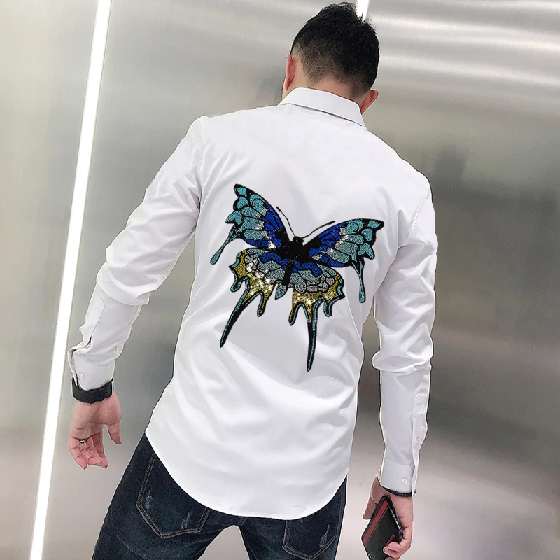 

Butterfly Rhinestone Style Autumn Men's T-Shirt Button Long Sleeve Lapel Design Spring Business Personality Slim Tops