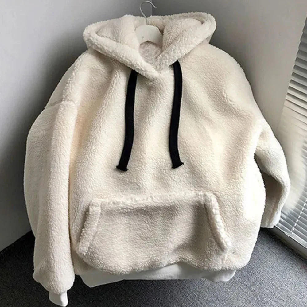 Warm Cartoon Bear Embroidery Print Fluffy Hoodies Pullover Sweatshirts Loose Hooded Tops 2023 Autumn Winter Women Plush Hoodies