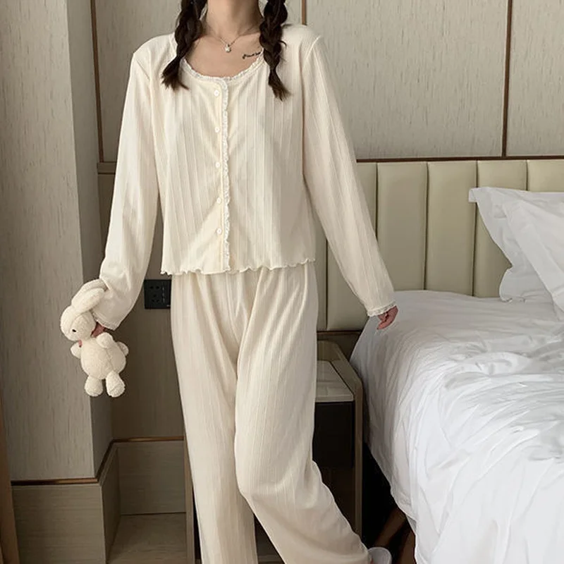 Floral Pajama Sets Women Sweet Teenagers Cozy Breathable Long Sleeve Tops Ankle Length Pants Lovely Sleepwear Loose Lounge Chic