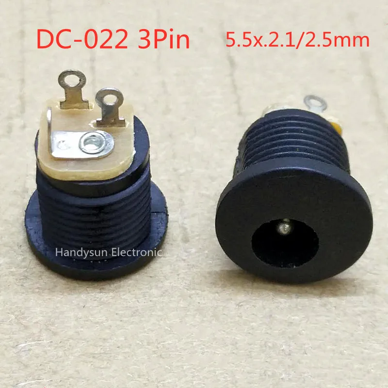 DC-022 DC Power Socket 5.5x2.1/2.5mm Iron Copper Socket  Connector thread round Hole Vertical 3Pin with Nut and Waterproof Cap