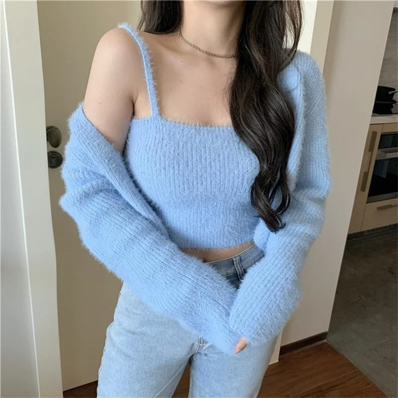 Korean Fashion Sets Autumn Sweet Cardigan V Neck Long Sleeve Pink Mohair Sweaters Coat Sexy Bottom Camisole Tops Women Clothing