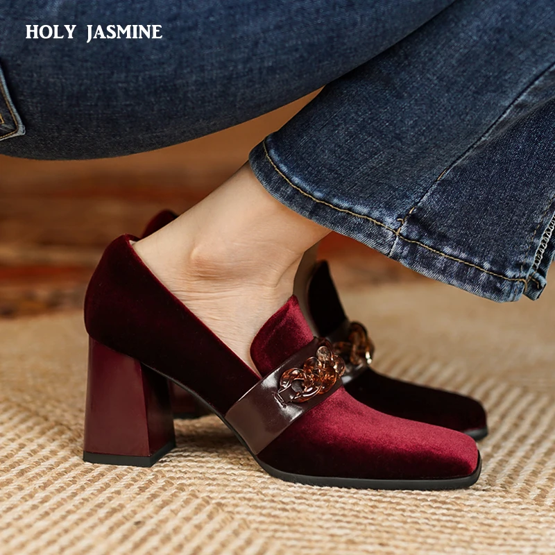 2022 Spring Autumn New Retro Suede High Heels Shoes for Women Square Toe Square Heel Shoes for Women 7cm High Heels Womens Shoes