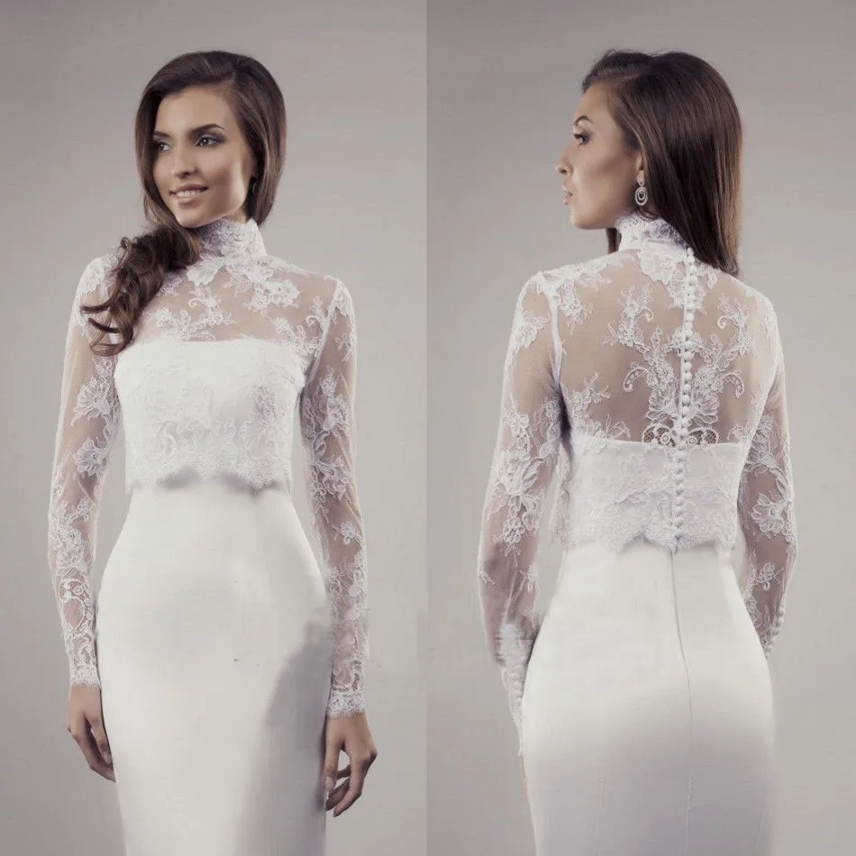 Veste de mariée à manches longues, col haut, Appliques en dentelle boléro sur mesure, enveloppes de mariage transparentes, épaules, boutons au dos, nouvelle collection