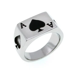 Punk Size 6-14# Silver Color Black Ace of Spades Ring  316L Stainless Steel Classic Poker Heart Letter A Rings