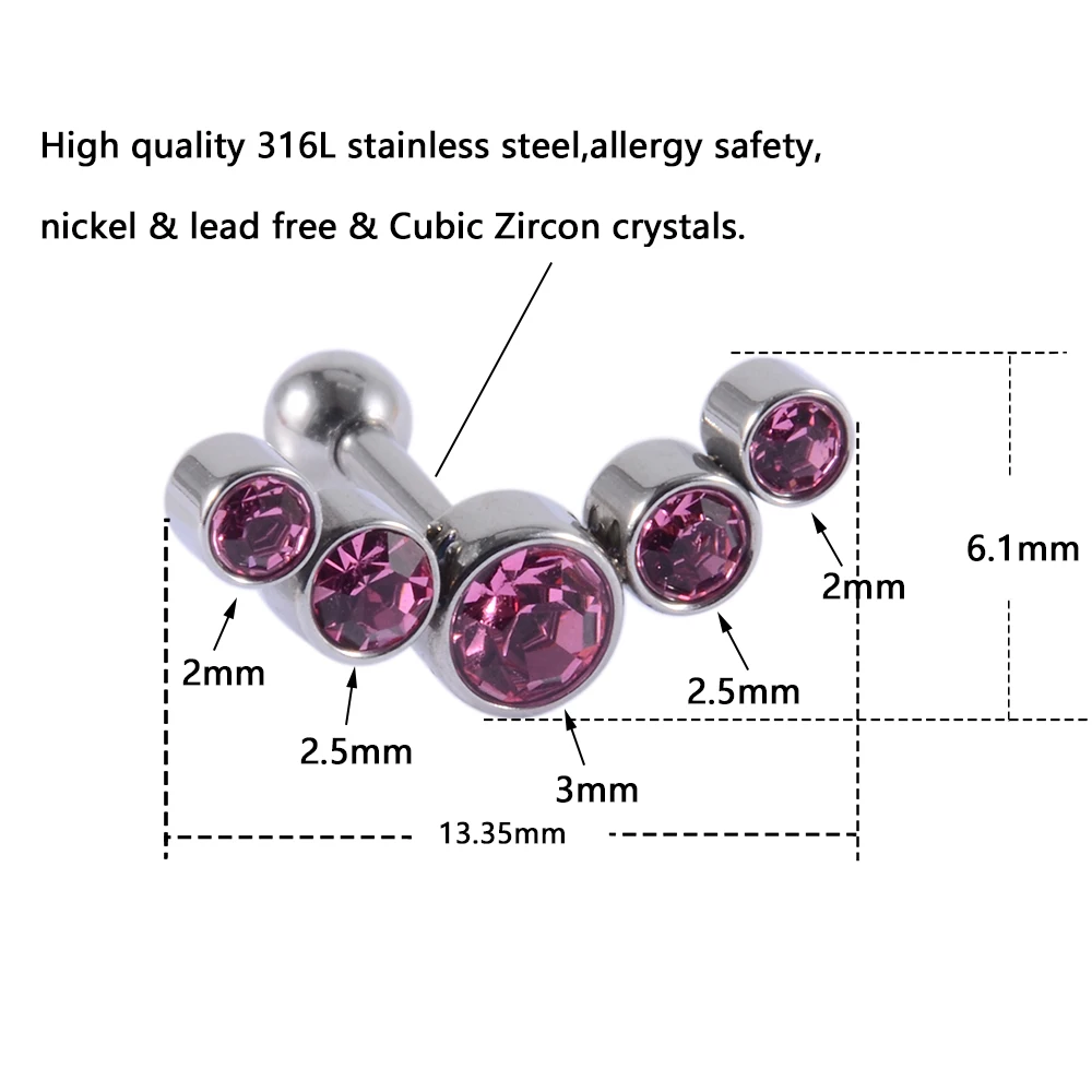 1PC Surgical Steel Five Opal Ear Tragus Cartilage Stud Helix Piercing Earrings Crystal Ear Lobe Piercing  Barbell Jewelry