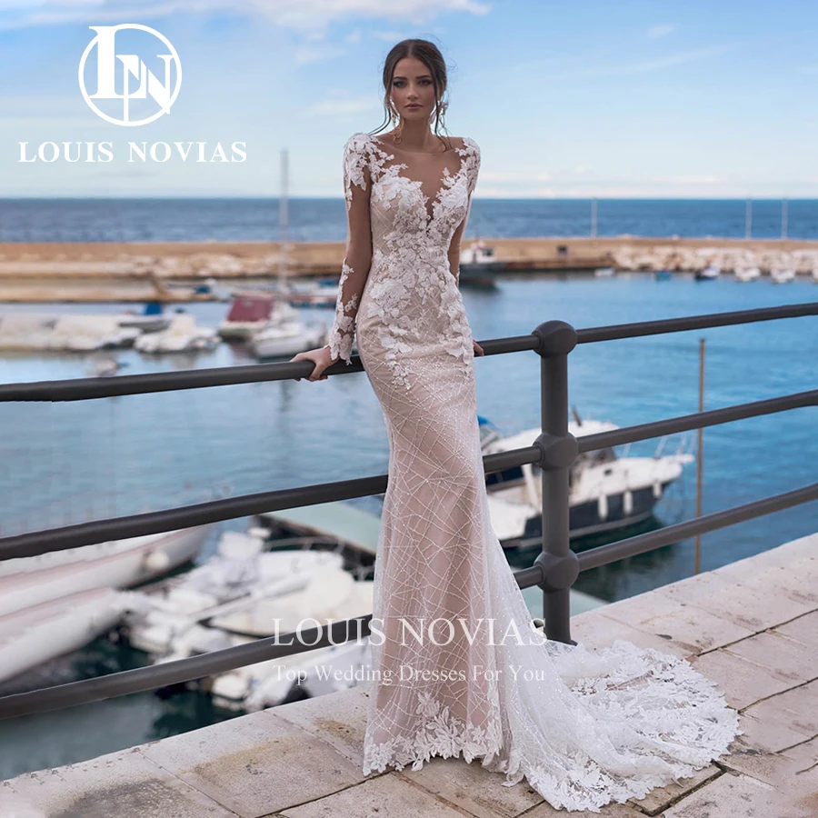 Louis novias sexy sereia vestido de casamento sem costas botão manga longa miçangas apliques querida vestidos de noiva novia