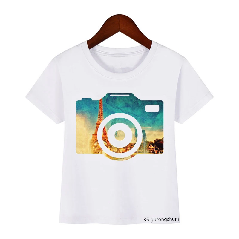 Vintage Watercolor Camera Print T-shirt Funny Kids Clothes Boys Girls Girls Kawaii Children Clothes White Short Sleeve T Shirt