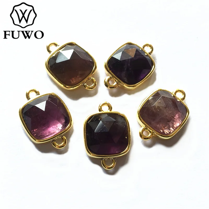 FUWO Tiny Square Charms 12mm Natural Malachite Labradorite Amethysts Pink Quartz Sunstone Connector for Jewelry Making PD302