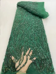 (5yards/pc) High quality emerald green tulle lace embroidered African beads and sequins net lace fabric for party dress  FRX024