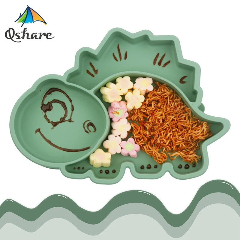 Qshare Baby Silicone Plate Cute Dinosaur Platos Children's Dishes Kids Bowls Anti-slip Tableware Feeding Divided Plate