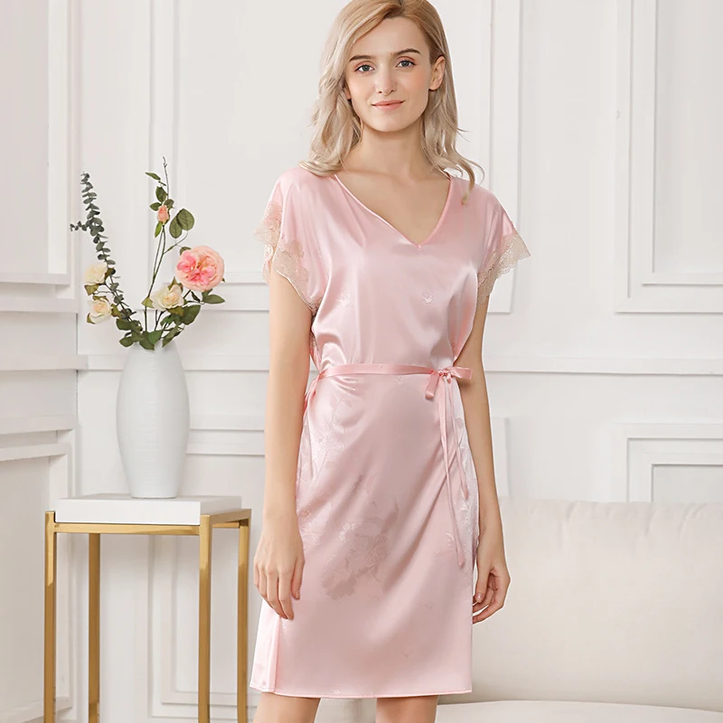 Silk Satin Women Long Nightgown with Jacquard Casual Lace Nightdress Street Dress Chemises Full Slips Trim Nightie sp0138