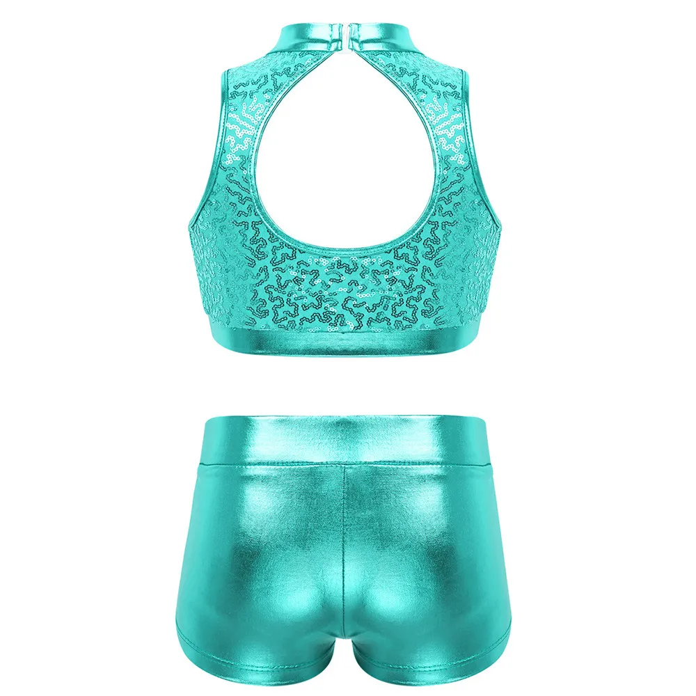 ChicTry-ropa de baile con lentejuelas brillantes para niños, conjunto de Top corto metálico con pantalones cortos para Ballet y gimnasia, traje de baile para actuaciones de Jazz