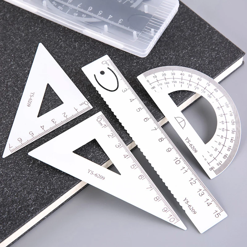 4Pc/Set Metal Ruler Set Aluminum Alloy Student School Stationery Supplies Straightedge Triangle Ruler Protractor Drawing Ruler