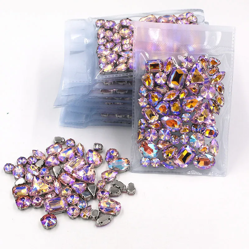 Best seller Wholesale 5 bags mixed shape sew on glass Pink AB silver base rhinestones diy dress/Clothing accessories