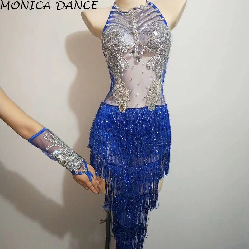 Women Sexy See-through Rhinestones Blue Tassel Bodysuit With Glove Women Nightclub Costume Bar DJ Singer Dancer Stage Wear