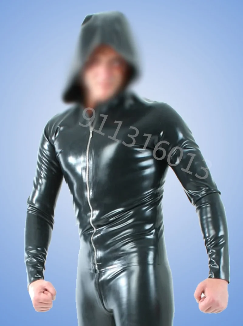 Men long sleeve latex T-shirt with cap rubber fetish exotic tank tops with front zip latex man's coat